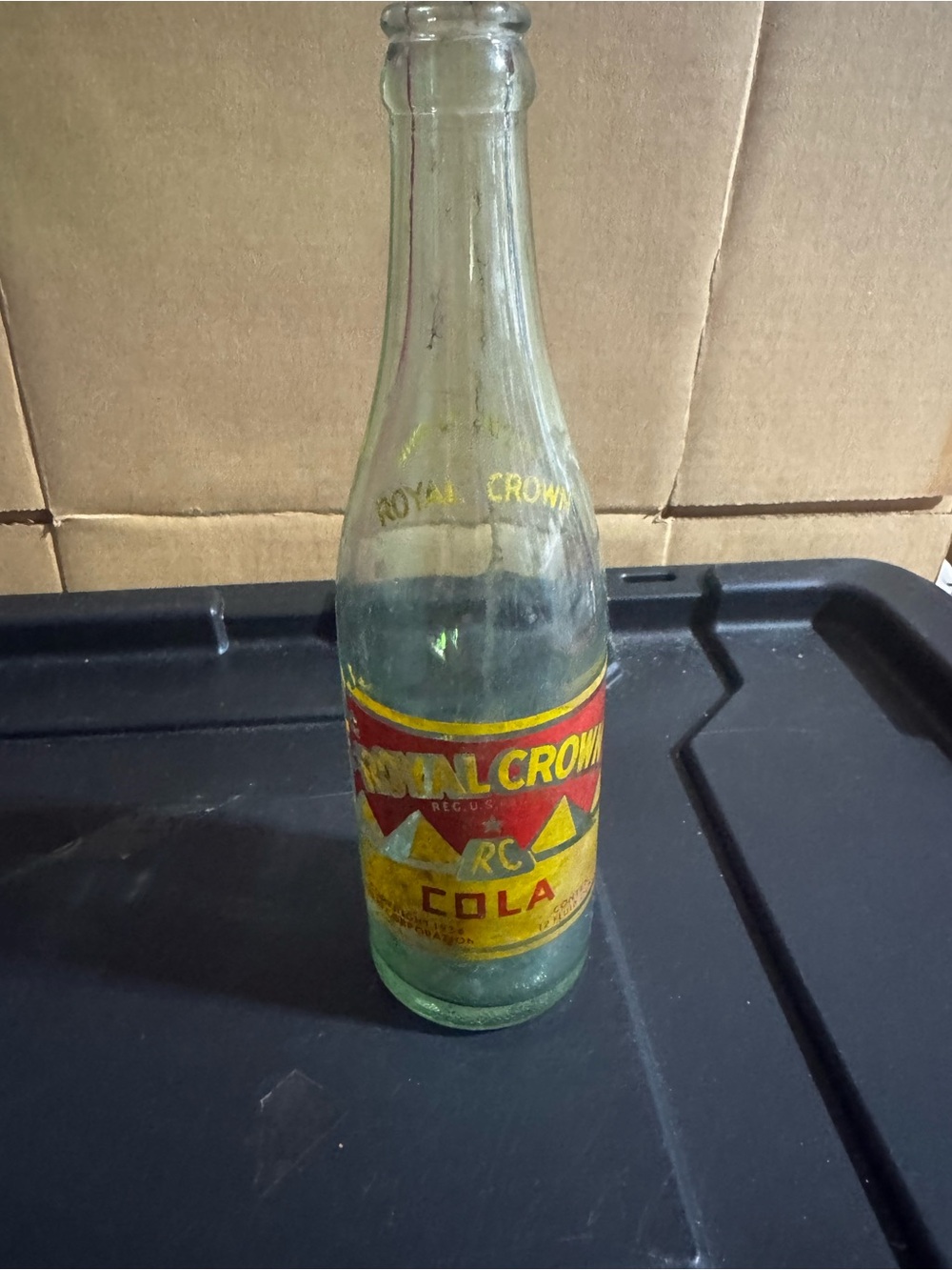 1936 Crown Cola Glass Bottle with Yellow and Red Label